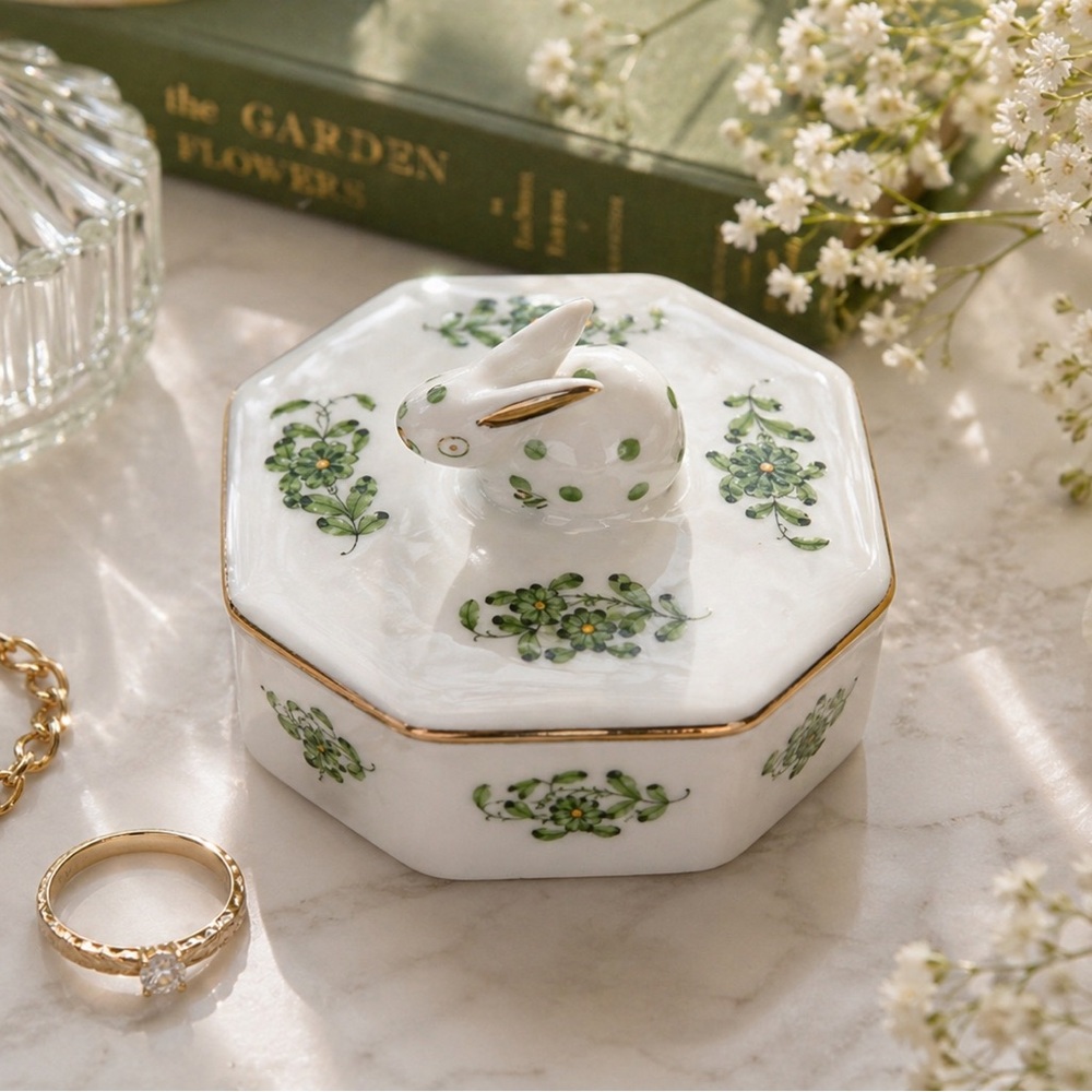 Herend White Porcelain Bunny Box with Green Floral Motif
